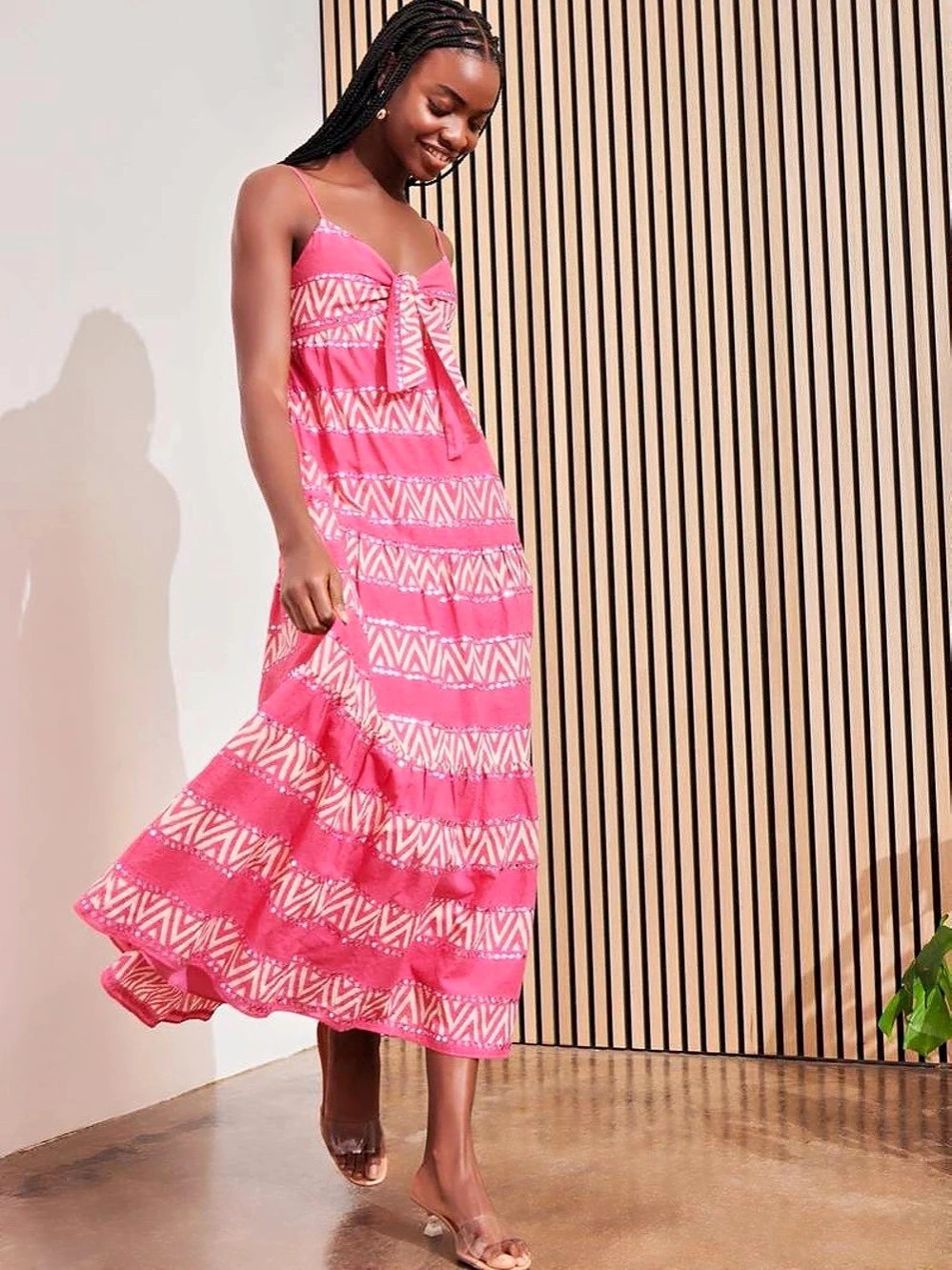 Saylor Pink Geometric Tie-Front Maxi Dress